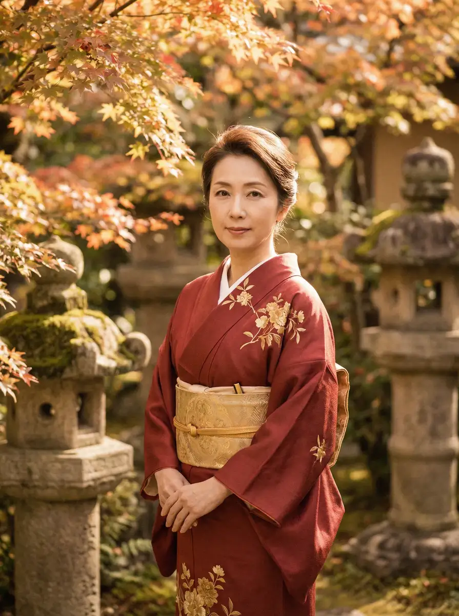 一位身穿暗红色和服的优雅 【萝莉岛】萝莉岛官网 - 萝莉岛最新资讯传媒聚集地 在日式庭院中